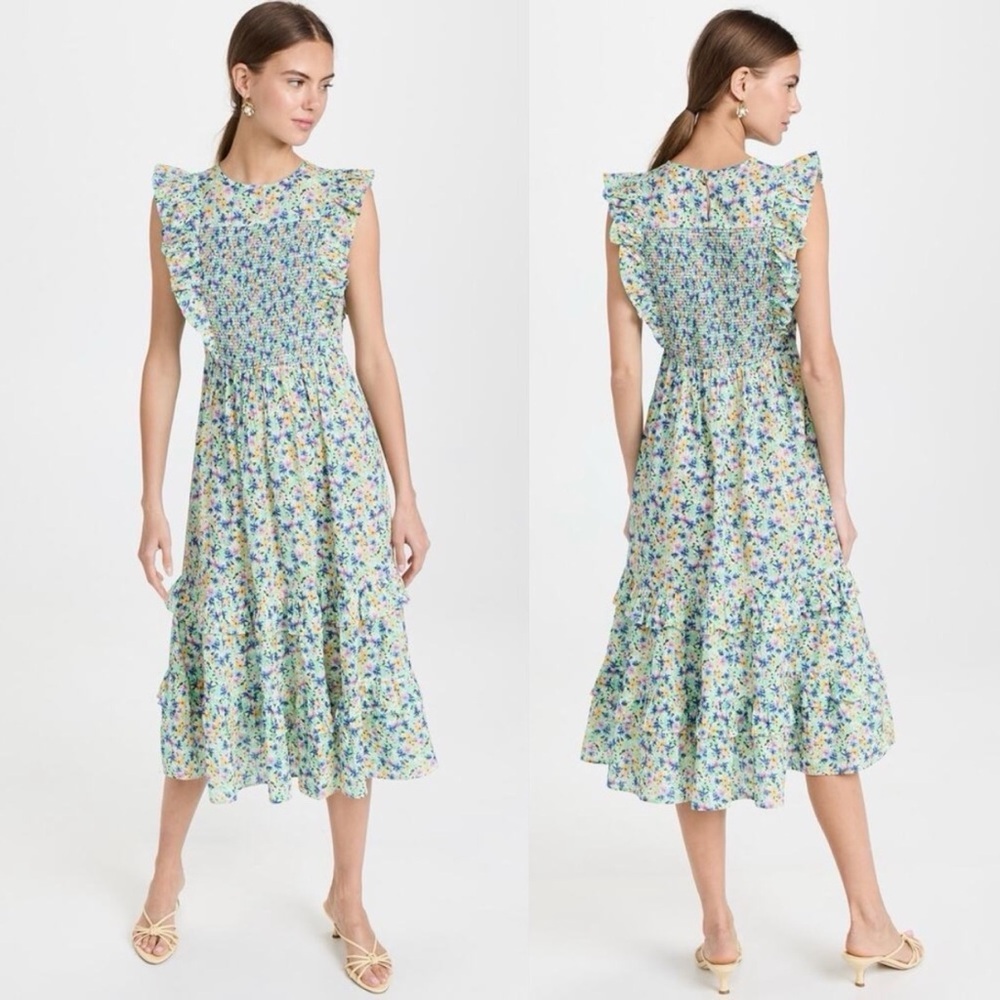 Shoshanna Taos Dress Spring Green Multi Floral Ruffle
Midi Size 10